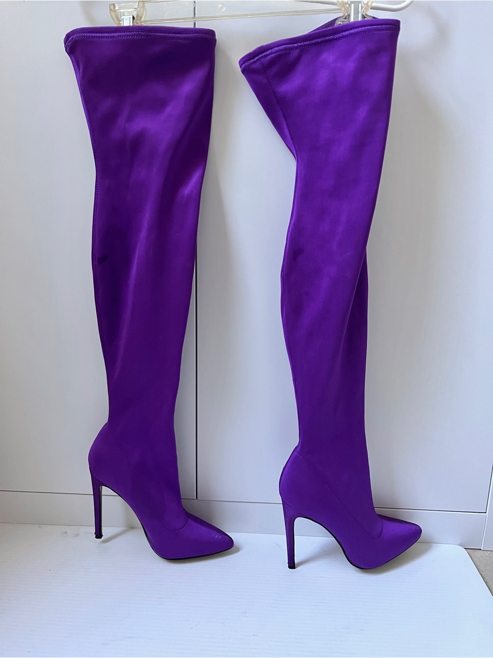 Bright Purple satin thigh high boots